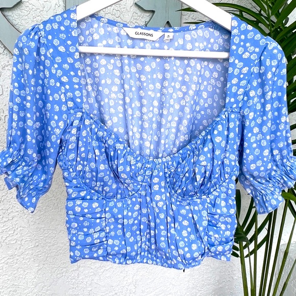 Blue Floral Peplum Blouse with Sweetheart Neckline Small Size Aka Corset Draped - Picture 3 of 13